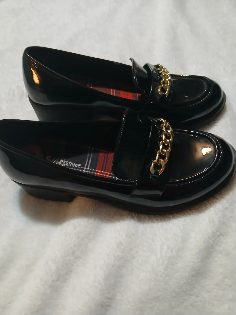 Self Esteem Black Patent Loafers with Gold Chain Accent